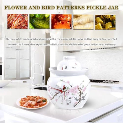 Peach Blossom and Bird Pattern Pickle Jar, Jingdezhen Porcelain with Ink Painting, Double-lid Fermentation Crock, Water-Sealed Ceramic Kimchi Jar(5kg/176.4oz) - size: 5kg/176.4oz