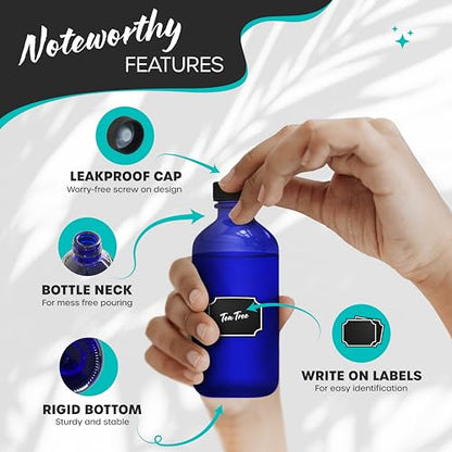 Nevlers 8 Oz Glass Bottles with Lids, Funnel, Brush, Marker & Labels | 18 Pack Leakproof 8oz Bottles with Lids | Cobalt Blue Bottle Set| Use as Glass Juice Jars , Vanilla Extract Making Kit & More - color: Blue