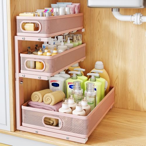 HERJOY Under Sink Organizer, 1-Pack 3-Tier Pull Out Height Adjustable Pink | 35% Extra Storage Capacity, Carbon Steel, Hold Up 55lbs, Suction Cups and Nano Adhesive, Fit for Kitchen, Bathroom and Pantry - color: Pink, size: 1-Pack