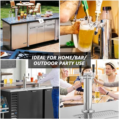 Kegerator Tower Dual Tap Beer Tower Dispenser, Draft Beer Tap Tower Kegerator Parts, Upgraded 3" Flange Keg Tower with Pre-Assembled Tubing & Self-Closing Brass Beer Faucet Stainless Core - size: Dual Tap Beer Tower(Brass Faucet)