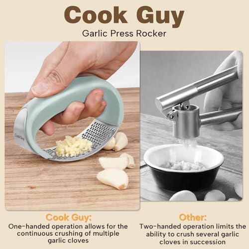 Cook Guy 304 Stainless Steel Garlic Press Rocker Set - Premium Garlic Mincer, Crusher, Peeler, and Scraper Tool for Effortless Mincing - Comfortable Grip Garlic Grinder (Green) - color: Green