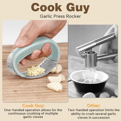 Cook Guy 304 Stainless Steel Garlic Press Rocker Set - Premium Garlic Mincer, Crusher, Peeler, and Scraper Tool for Effortless Mincing - Comfortable Grip Garlic Grinder (Green) - color: Green