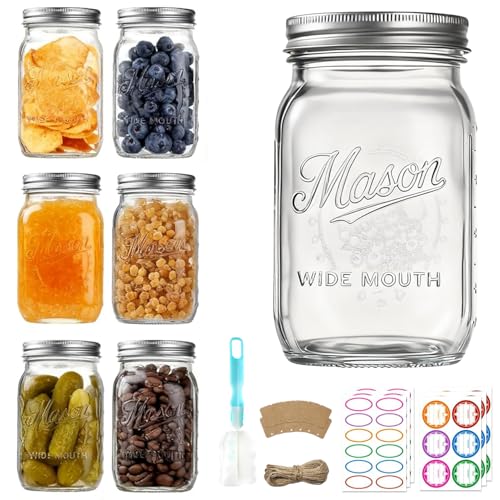 Mason Jars 32 oz,6 Pack Large Wide Mouth Mason Jar with Airtight Lids and Bands|Quart Glass Canning Jars for Pickling, Fermenting and Food Storage Microwave&Dishwasher Safe - size: 6pack