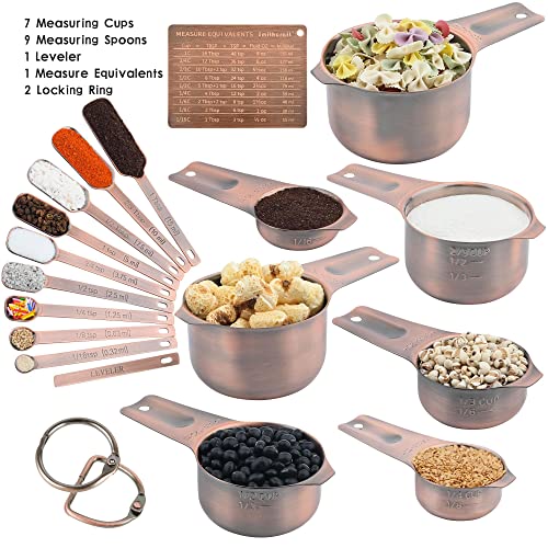 Measuring Cups and Spoons Set, Copper Measuring Cups and Spoons Set for Dry & Liquid, Metric&US 7 Stainless Steel MeasureR Cup&9 Spoon Leveler & Measure Enquivalents for Kitchen & Baking