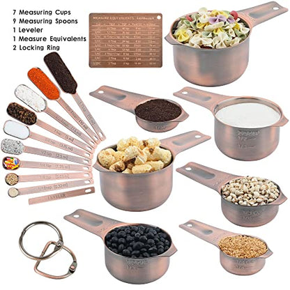 Measuring Cups and Spoons Set, Copper Measuring Cups and Spoons Set for Dry & Liquid, Metric&US 7 Stainless Steel MeasureR Cup&9 Spoon Leveler & Measure Enquivalents for Kitchen & Baking