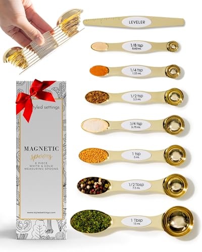 White and Gold Magnetic Measuring Spoons – Stainless Steel Double Sided Measuring Spoons for Cooking and Baking – Cute White and Gold Kitchen Accessories, Ideal for Gifting - color: White & Gold