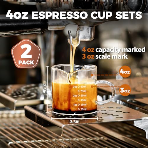 SENTVEND Espresso Cups Set of 2, 4 Oz Espresso Shot Glass with Handle Double Spout Measuring Cups with Scale Clear Glass Milk Cup Coffee Accessories Great for Making Coffee Desserts Salad Dressing - color: With Scale-Clear