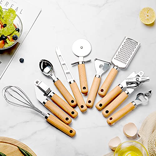 9 Pcs Kitchen Gadget Set Stainless Steel Utensil Set Wood Handle with Pizza cutter, Garlic press, Can opener, Bottle opener, Ice cream scoop, Peeler, Cheese grater, Cheese knife, and Whisk