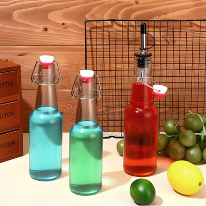 LemonRoad 10 Pack 11oz Small Glass Long Neck Liquor Bottles Swing Top Glass Bottles with Airtight Stopper Lids and Pourers Flip for Fermentation Bar Juice Pour Syrup Wine Snowcone Coffee