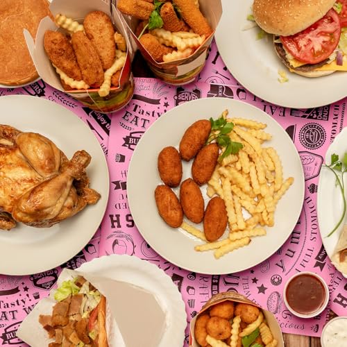 Outus 600 Pcs 12 x 12 Inch Deli Wax Paper Sheets Grease Resistant Tray Basket Liners Newsprint Paper Water and Grease Proof Sandwich Wrapping Square Hot Dog Wrappers for Food Baking (Pink,Black) - color: Pink, Black