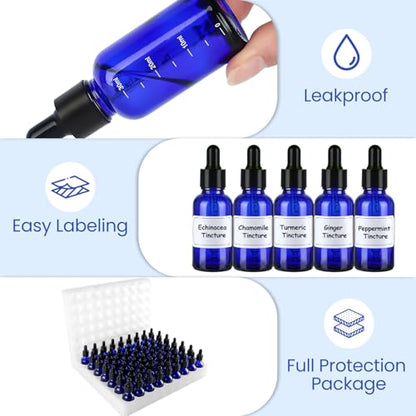 UPBUD 63 Pcs 1oz Blue Glass Dropper Bottles with Measurement, 30ml Leakproof Tincture Bottles with Funnels, Eye Droppers, Extra Caps & Labels, Refillable Empty Bottles for Tinctures, Essential Oils - color: Blue-1oz, size: 1oz