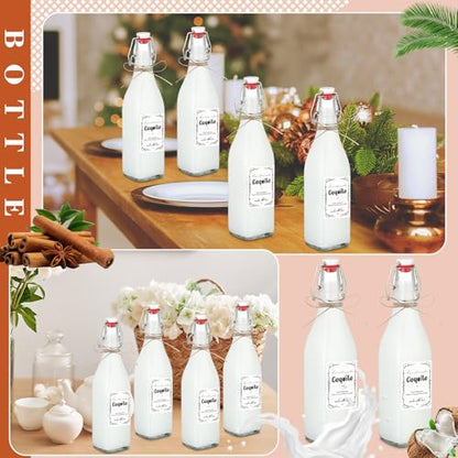 DoubleFill 8 Set Coquito Swing Top Glass Bottles 16 Oz Flip Top Brewing Bottles with Coquito Stickers Wine Airtight Caps for Home Party Milk Eggnog Kefir(Stylish) - style: Stylish