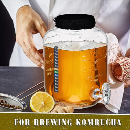 Ziliny 1 Gallon Kombucha Brewing Jar Kit Continuous Brewing Starter Kit, 2 Pack 1 Gallon Large Glass Kombucha Jar with Spigot, 6 Temperature Strips, 2 Elastic Cloth Covers for Home Fermentation