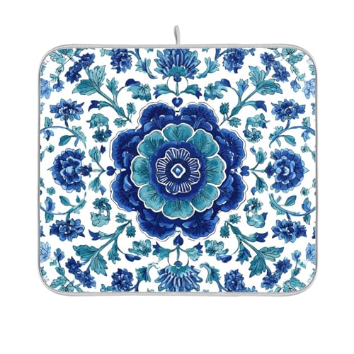 Floral Blue and White Vine Dish Drying Mat for Kitchen Counter Kitchen Drying Mat Dish Rack Mat Dish Drainer Pad Microfiber Absorbent Washable Drying Pad for Countertop 16 x 18 - color: Floral Blue and White Vine, size: 16'' x 18''