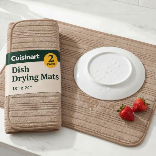 Cuisinart Dish Drying Mat for Kitchen Counter - 2-Pack XL 18x24 Ultra Absorbent Microfiber Dish Mat - Fast Drying, Machine Washable, Foldable Countertop Pad - Safe for Granite & Quartz - color: Horizontal Stripes Tan
