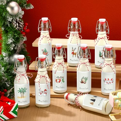 Havawish 16 Pcs Merry Christmas 8 oz Coquito Swing Top Glass Bottles with Airtight Cap Lids Labels Clear Flip Top Bottles with Stoppers for Homemade Christmas Home Brewing Beer Beverages(Fresh) - style: Fresh