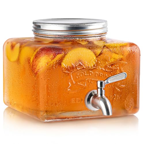 Glass Drink Dispenser for Fridge - Stainless Steel Spigot Mason Jar Dispenser with Wide Opening & Easy-Fill - Beverage Storage for Outdoor, Water, Iced Tea, Juice, Sangria & Detergent, 1 GALLON
