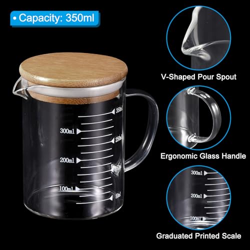 PATIKIL 350ml Glass Measuring Cup, 2 Pack 3.3 Borosilicate Glass Graduated White Printed Scale Liquid Measure Cups Beaker with Wood Lid and V-Shaped Spout for Kitchen - size: 350ml