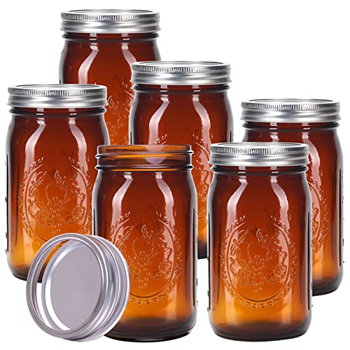 eleganttime Amber Glass Mason Jars 32 oz Wide Mouth 6 Pack,Amber Quart Canning Jars with Airtight Lids and Bands for for Canning, Freezing, Fermenting,Preserving, Beverages & Jar Decor - color: amber