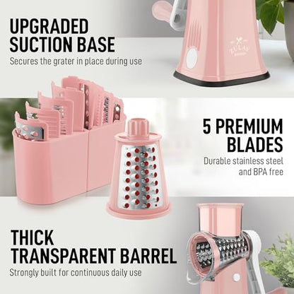 Zulay Kitchen Rotary Cheese Grater 5 Blade Cheese Shredder - Manual Hand Crank Cheese Grater With Reinforced Suction & 5 Interchangeable Drums - Easy to Use, Vegetable Chopper Round Mandoline Slicer - color: Peach & White