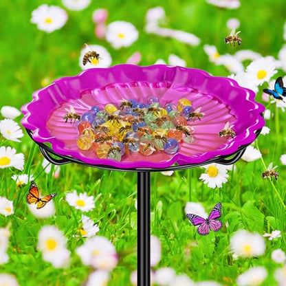 Bee Butterflies Watering Station, Standing Bee Feeder with Glass Marbles for Outside, Bee Bath Feeder with Metal Stakes Butterfly Puddler Garden Yard Déco (Rose) - color: Rose
