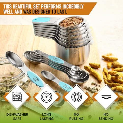 Spring Chef Magnetic Measuring Cups & Spoons Set, Patented, Strong Magnets, Heavy Duty Stainless Steel Fits in Spice Jars for Baking & Cooking, BPA Free, Round Set of 15 with Leveler, Aqua Sky - color: Blue (Aqua Sky), size: Set of 15