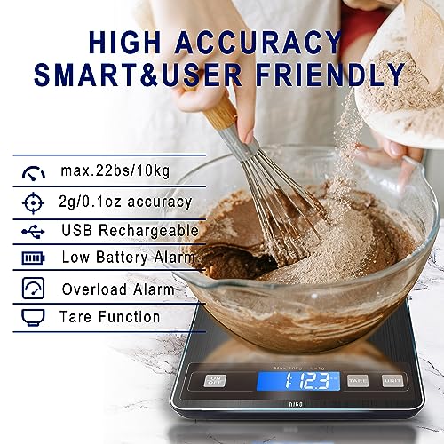 hito Food Scale 22lb Digital Kitchen Scale Rechargeable Waterproof Weight Grams and oz 1g/0.1oz Precise, for Weight Loss, Cooking and Baking, Black - color: Grey, size: 22lbs charging/ battery