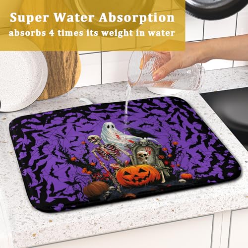 Giwawa Halloween Pumpkin Dish Drying Mat 16x18 inch Spooky Ghost Bat Dish Rack Mats Microfiber Draining Pad Fast Dry Holiday Kitchen Accessories - color: Halloween Purple, size: 16x18 inch