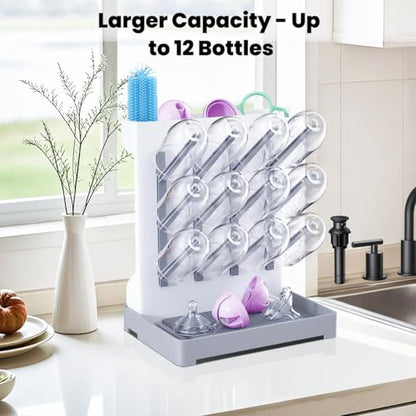 Baby Bottle Drying Rack: Vertical Space Saving Large Bottles Holder - Standing Boon Dryer Rack Baby Accessory - Countertop Holds Up to 12 Bottles & Pump Part Cleaning & Cup (Blue) (Gray) - color: Gray