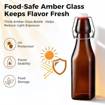 Ruckae Amber Square Swing Top Glass Bottles with Lids Kombucha Flip Top Glass Bottle for Coquito Syrup Vanilla Extract Brew Beer Kefir Air Tight Bottles for Gift (8oz 12pack) - size: 8oz 12pack