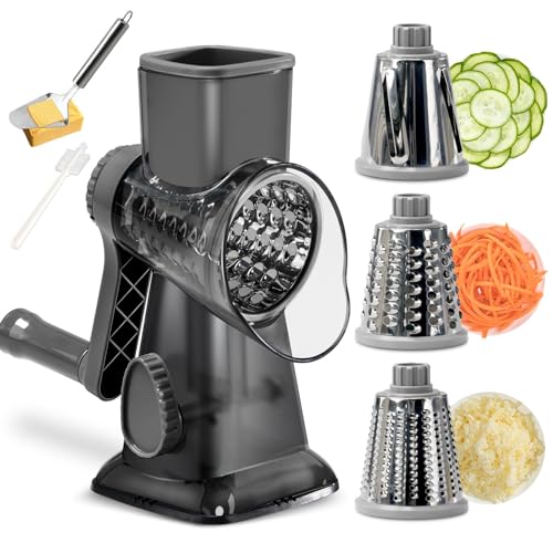 3 in 1 Manual Vegetable Cutter Machine with Stainless Steel Changeable Blades Rotary Cheese Grater Kitchen Tool Potato Slicer Shredder Nuts Chocolate Chopper (Transparent black)