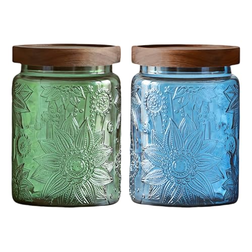Set of 2 Vintage Glass Jars, Green Glass Storage Jars with Lids (23.7 oz) for Kitchen, Pantry, Candy, Flour, Oatmeal, Coffee Beans, Pet Food, Laundry Detergent, Cute Jar (Green&Blue 2, 23.7 Ounces) - color: Green&Blue 2, size: 23.7 Ounces