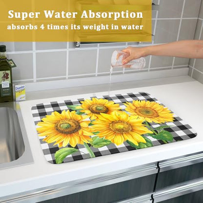 Sunflower Dish Drying Mat for Kitchen Counter Black White Buffalo Plaid Microfiber Absorbent Dish Draining Reusable Washable Foldable Extra Large 18"x24" - size: 24" x 18"