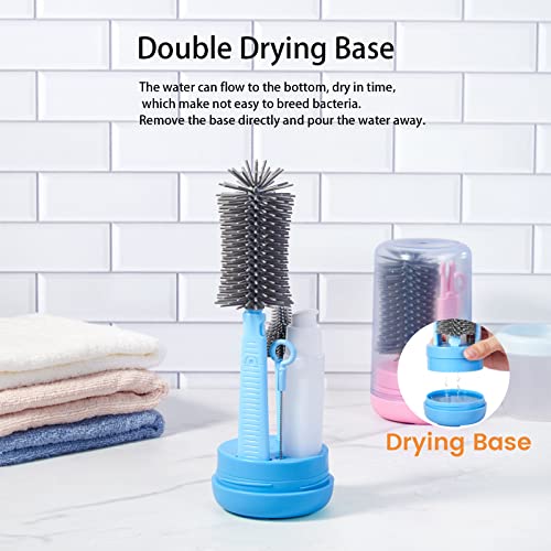Travel Bottle Cleaner Kit, Silicone Baby Bottle Brush Set with Bottle Brush, Drying Rack, Nipple Brush,Straw Brush,Soap Dispenser, Portable Baby Bottle Brush Cleaner for Home and Travel,Blue - color: Light Blue
