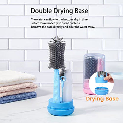 Travel Bottle Cleaner Kit, Silicone Baby Bottle Brush Set with Bottle Brush, Drying Rack, Nipple Brush,Straw Brush,Soap Dispenser, Portable Baby Bottle Brush Cleaner for Home and Travel,Blue - color: Light Blue