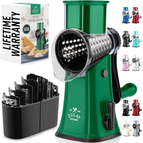 Zulay Kitchen Rotary Cheese Grater 5 Blade Cheese Shredder - Manual Hand Crank Cheese Grater With Reinforced Suction & 5 Interchangeable Drums - Easy to Use, Vegetable Chopper Round Mandoline Slicer - color: Black and Green