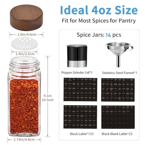Yangbaga Glass Spice Containers for Kitchen: 14P 4oz Dishwasher Safe Jars | Durable Glass Jars for Cooking Enthusiasts- Airtight Acacia lid 500X Open-Close no Loose - Gift/Daily Use for Housewives