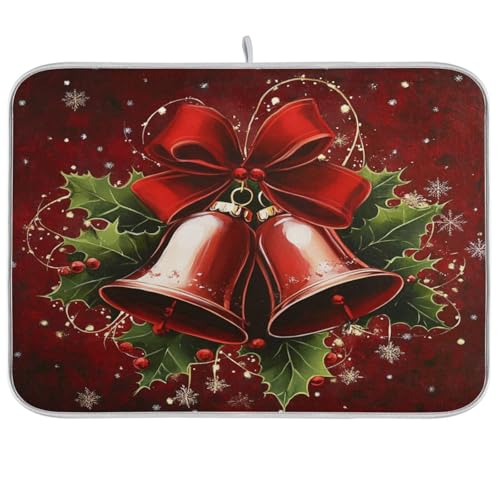 Christmas Holly Red Bell Dish Drying Mat For Kitchen New Year Snowflakes Microfiber Drying Mats Absorbent Dish Pad Drainer Rack Mats Decors Coffee Bar Mat Large 18X24 Inch - color: christmas holly red bell, size: 24" x 18"