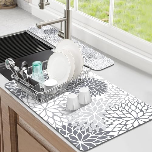Findosom 2PCS 12" x 20" Dish Drying Mat & 24" x 5.5" Sink Splash Guard, Super Absorbent & Cuttable Dish Mat Drying Kitchen Mat with Gray Floral, Hide Stain Drying Mat for Kitchen Counter - color: Gray, size: 12" X 20" + 24" X 5.5"