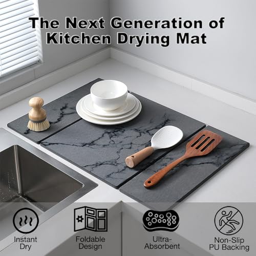 Large Stone Dish Drying Mat for Kitchen Counter,Collapsable Stone Dish Drying Mat with Diatomaceous Earth for Quick Drying-Ultra Absorbent-Eco-Friendly,Foldable -23.6"×15.7" Dark Gray Marble Pattern - color: L22-Dark Grey