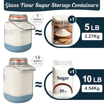 2 Pack Square 1 Gallon Glass Jar with Airtight Lid, Large Mason Jars Wide Mouth 128 Oz with Scale Marks & Handle, Glass Storage Containers with Anti-slip Base for Flour, Oat, Wheat, Cookie Jar