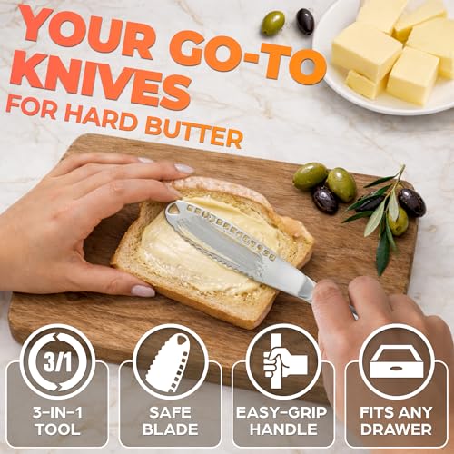 DIMROM 3 in 1 Butter Knife for Hard Butter Set of 2 with Micro-Grater Blade | 2 Pcs Cold Butter Knife Spreader with Holes in Blade, Stainless Steel Body, Dishwasher Safe, Spreads Soft Cheese and Jam