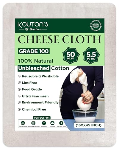 100% Unbleached Cheese Cloths - Grade 100-50 Sq Feet - 5.5 Sq Yards Organic cheesecloth For Straining -Reusable Washable Ultra Fine Cheesecloth for Turkey Straining, Cooking, Baking, Cheese Making - size: 5.5 Sq Yards