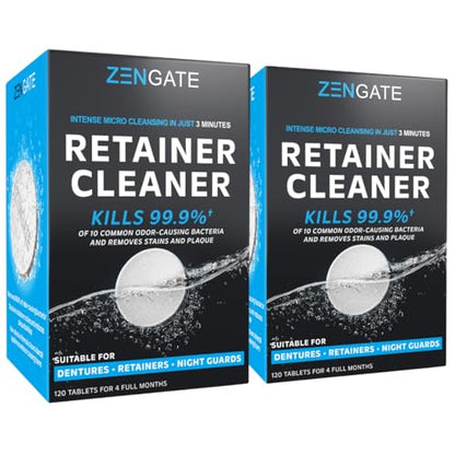 ZENGATE Retainer Cleaner Tablets for Dentures, Retainers, Aligners & Mouth Guards – 240 Denture Cleaning Tablets (8 Month Supply), Removes Plaque, Stains & Odor – FSA HSA Eligible - style: 2 Pack