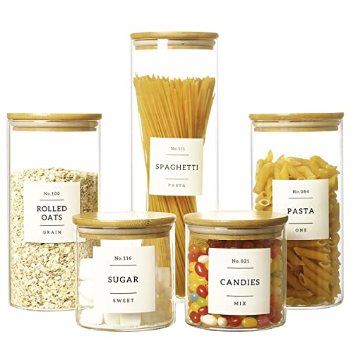 HHMJSM 5 Pcs Glass Food Storage Containers With 132 Pantry Labels Preprinted - Thicken(3mm) Jars Airtight Bamboo Lid Stackable Kitchen Canisters Set For Candy, Cookie, Rice, Sugar, Flour