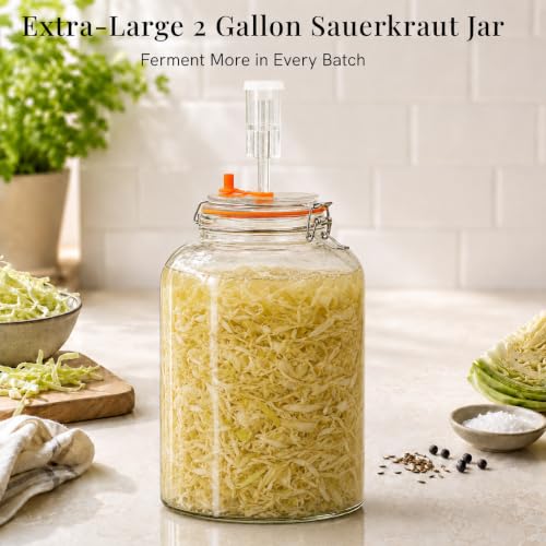 Fermentation Jar, 2 Gallon Fermenter with Airlock and Clamp Lid, 1-Pack | Large-Capacity Wide Mouth Glass Fermenting Kit for Sauerkraut, Kimchi, Pickles, Mead, Cider, Kombucha & More