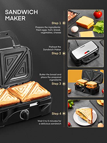 FOHERE 3-in-1 Sandwich Maker, 1200W Waffle Maker & Panini Press Grill, 3 Removable Non-stick Plates, 5-Gear Temp Control, Grilled Cheese Maker, Quick Breakfast, LED Indicators, Stainless Steel/Black - color: Silver