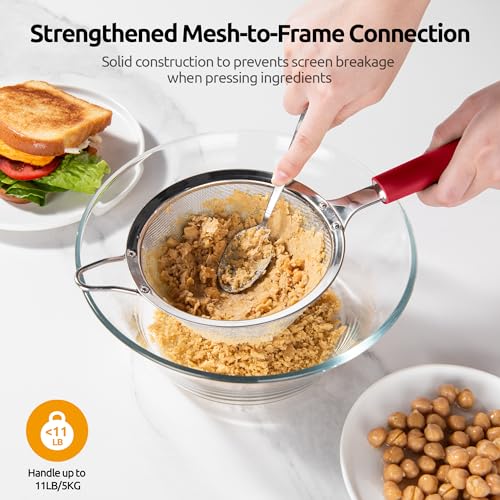 U-Taste Medium Fine Mesh Strainer: 18/8 Stainless Steel 4.73in 30 Mesh Kitchen Food Sieve with Sturdy Riveted Silicone Handle, Heavy Duty Deep Handheld Metal Colander for Rice, Quinoa, Flour (Red) - color: (4) Red, size: M-4.73in