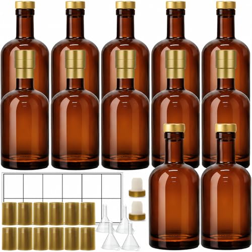 TBWIND 12 Pack 12oz/375ml Amber Glass Bottles with T-Top Corks | Airtight glass bottles for limoncello, maple syrup, vanilla extract, oils & homemade drinks. Includes funnels & labels - color: 12oz/ 375ml, size: Amber