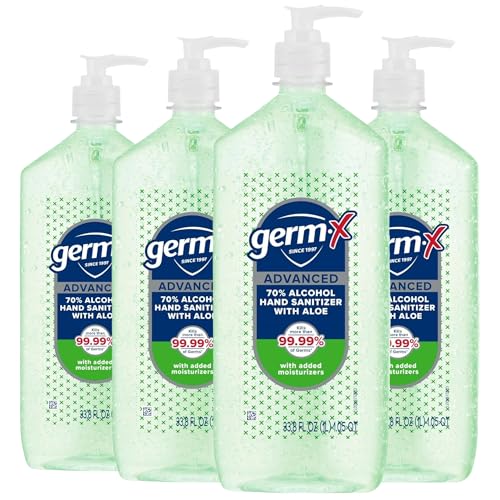Germ-X Advanced Hand Sanitizer with Aloe and Vitamin E, 1 Liter (Pack of 4), Less Drying Moisturizing Gel, No Rinse Formula, Pump Bottle - size: 33.8 Fl Oz (Pack of 4)